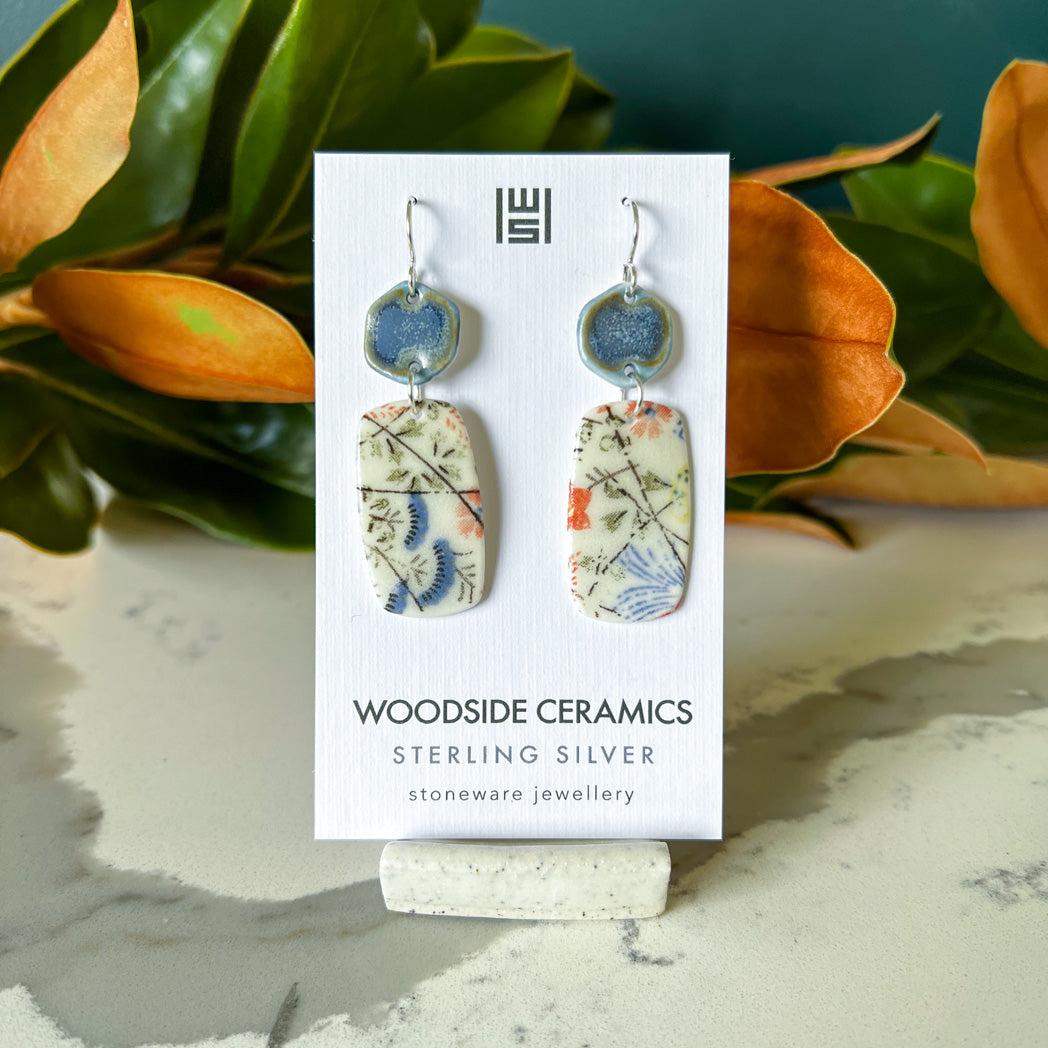 Blue Meadow Floral Handmade Ceramic Earrings Sterling Silver